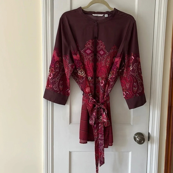 Tunic Top Women’s 2X Paisley & Plaid Print Plum Silky Party Boho - Picture 4 of 16